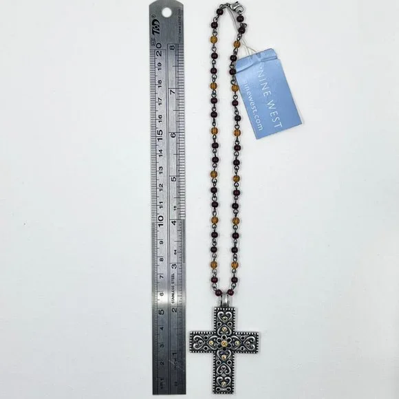 NWT - Nine West - Jeweled Heart Cross Silver Tone Red & Yellow Beaded 14” Choker - Picture 4 of 8